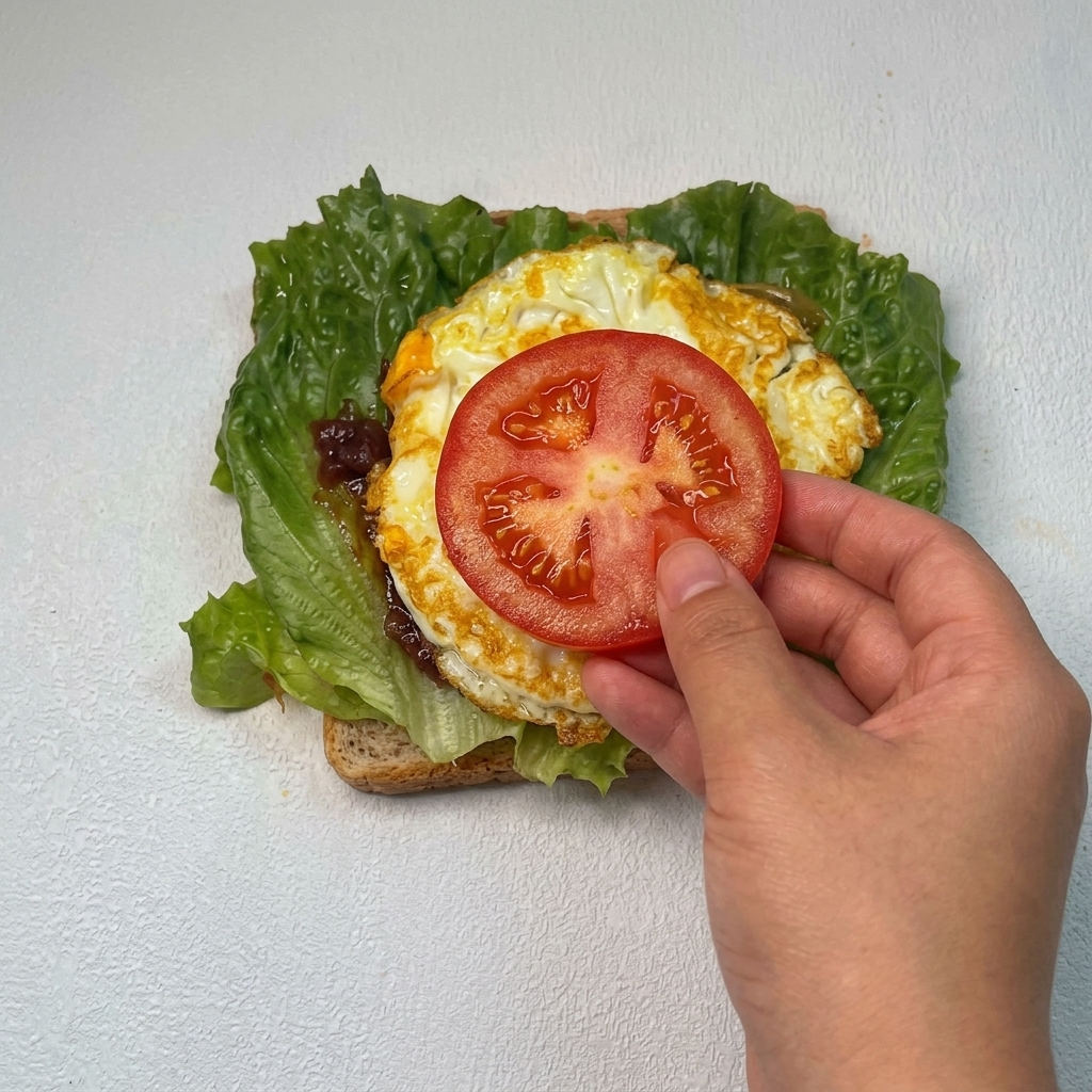 Eine runde, frische Tomatenscheibe wird auf das Spiegelei im Sandwichstapel gelegt.