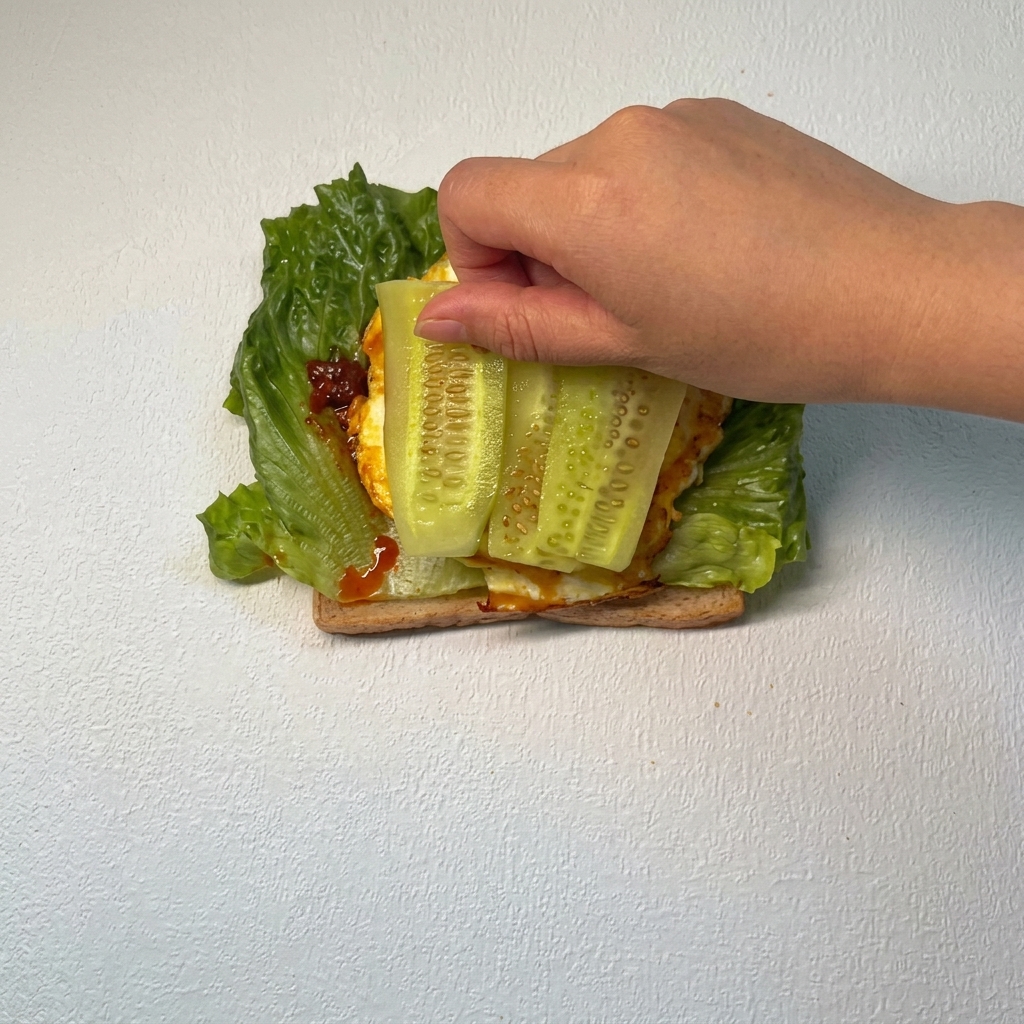 Drei Scheiben frische grüne Gurke werden ordentlich auf die Tomatenscheibe im Sandwich gelegt.