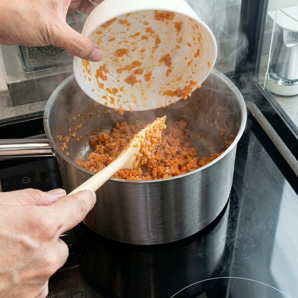 Geraspelte Karotten werden zu den Zwiebeln in den Topf gegeben.