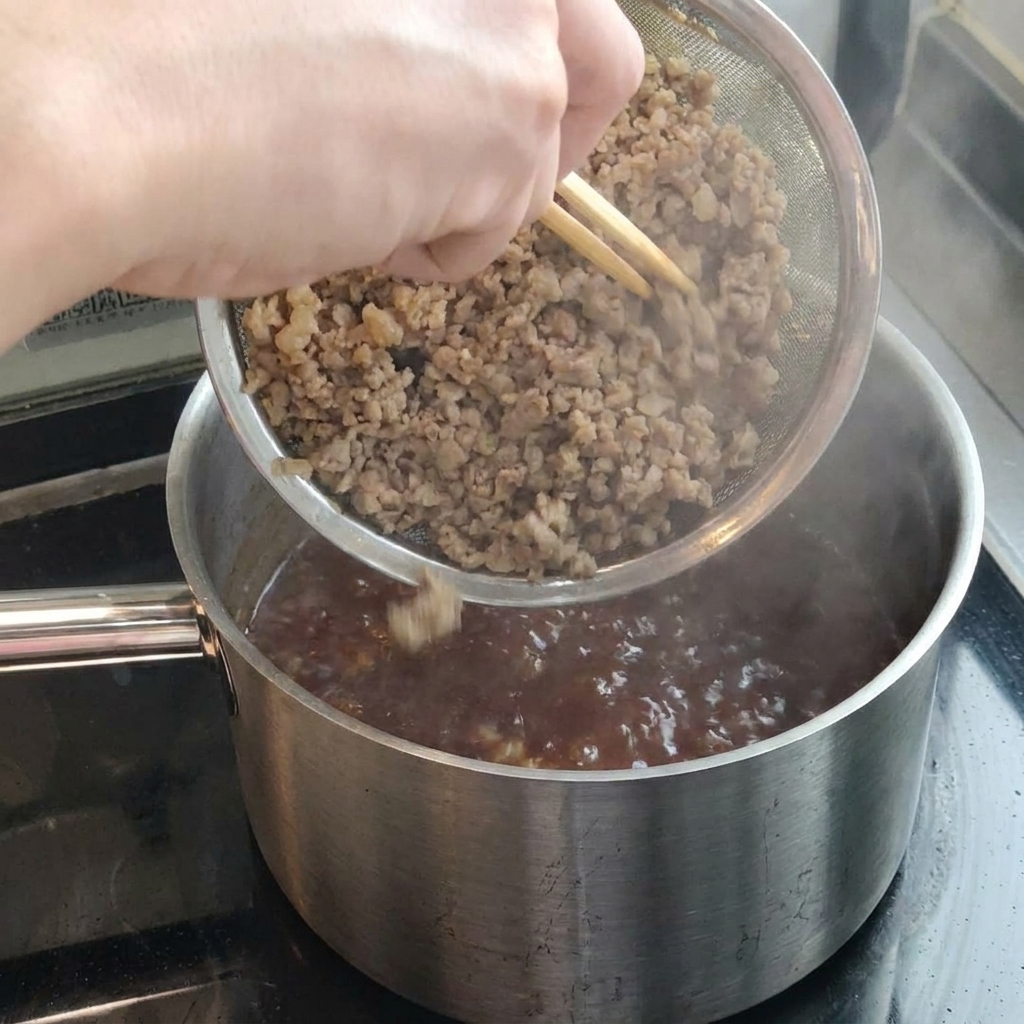 Das gebratene Hackfleisch wird wieder zur Sauce in den Topf gegeben.