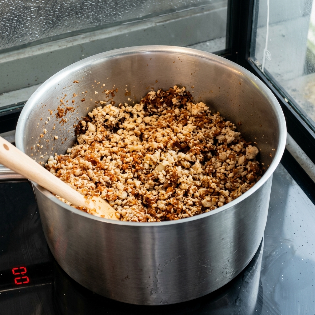 Die Hackfleischsauce köchelt im Topf und wird dickflüssiger.