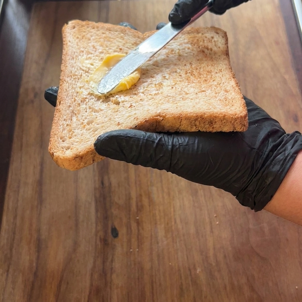 Zwei Brotscheiben werden mit Butter bestrichen.
