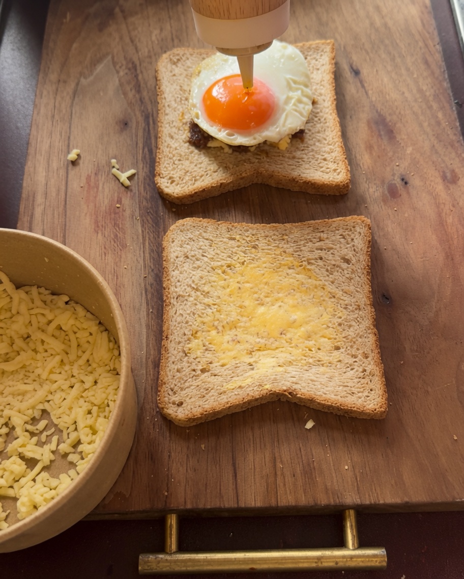 Senfsauce wird über das Spiegelei auf dem Sandwich geträufelt.