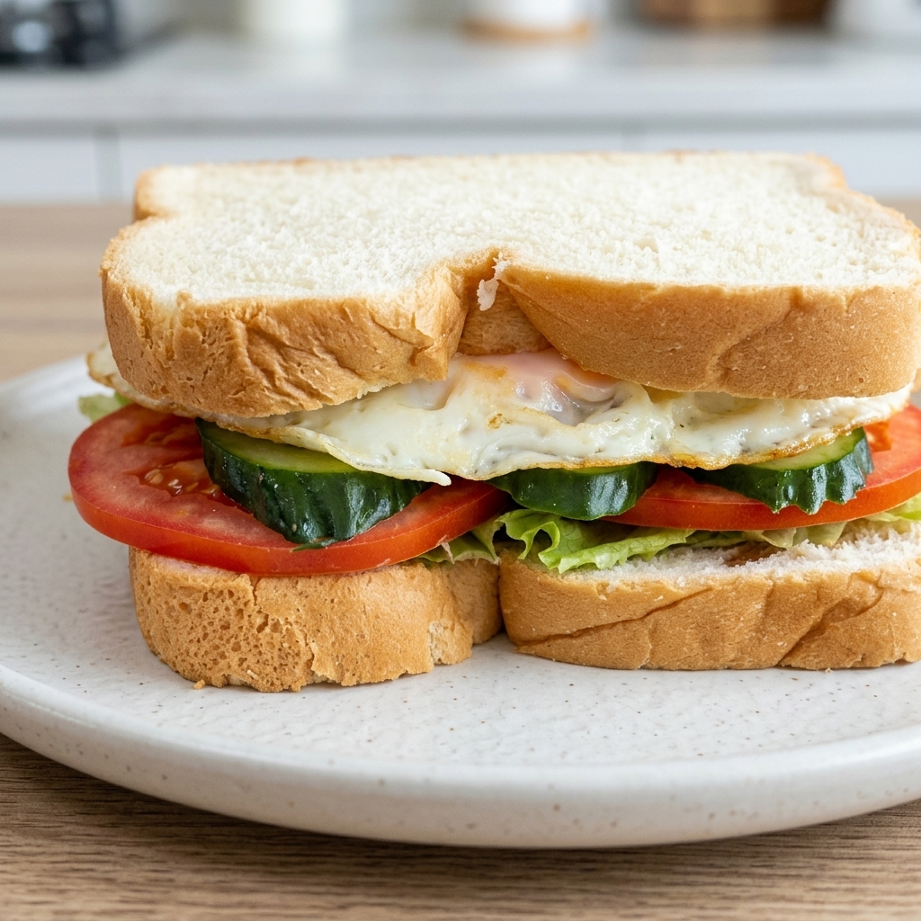 Die obere Brotscheibe wird auf das Sandwich gelegt, um den Aufbau abzuschließen.
