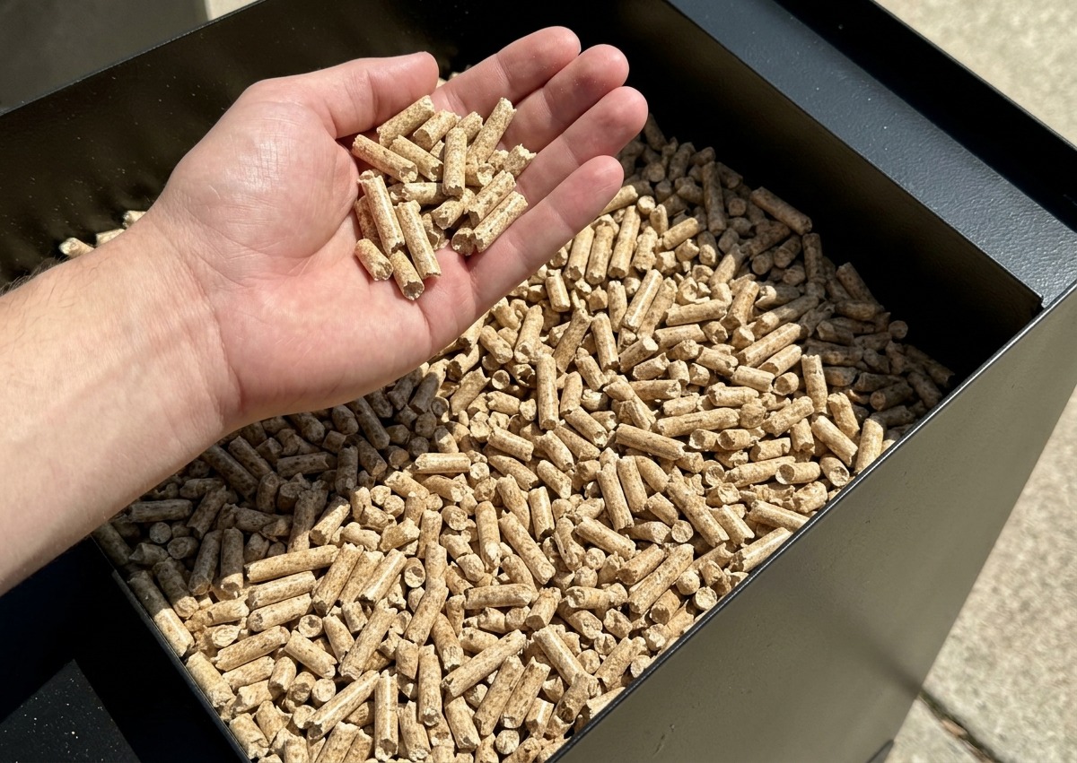 Eine Hand hält eine Handvoll Holzpellets über den Pelletbehälter eines Grillgeräts.
