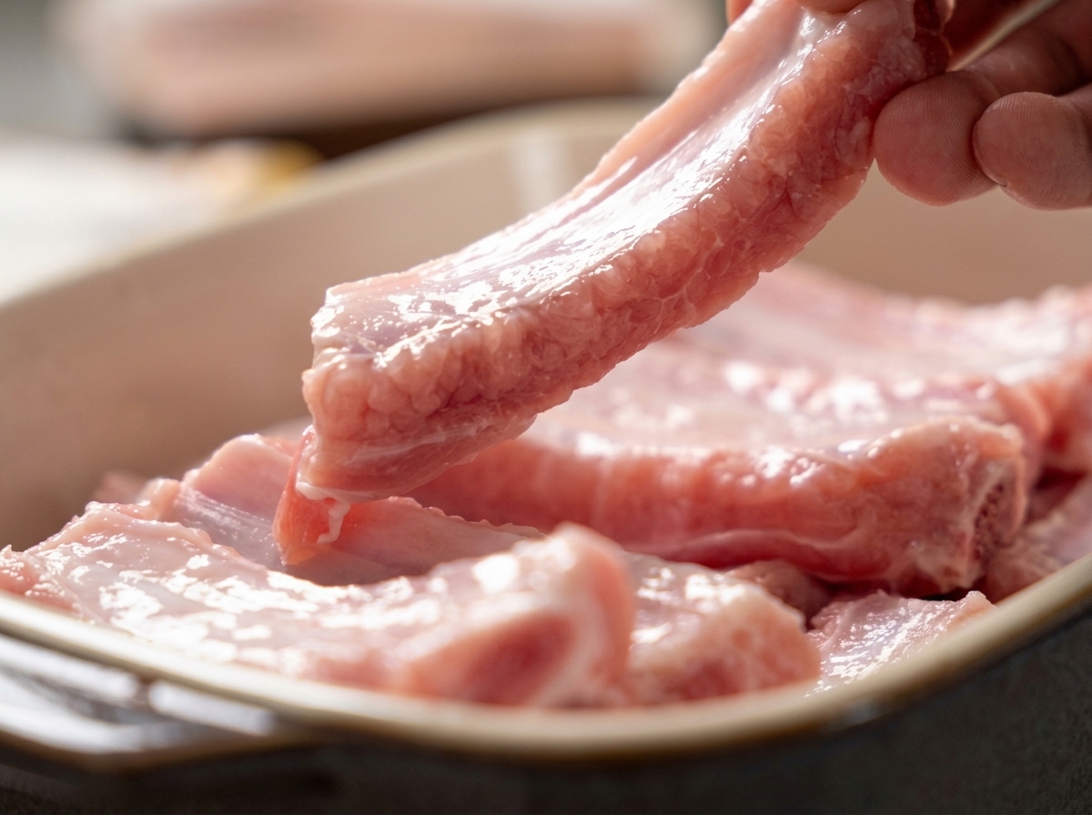 Rohe Schweinerippchen werden mit Küchenpapier abgetupft.