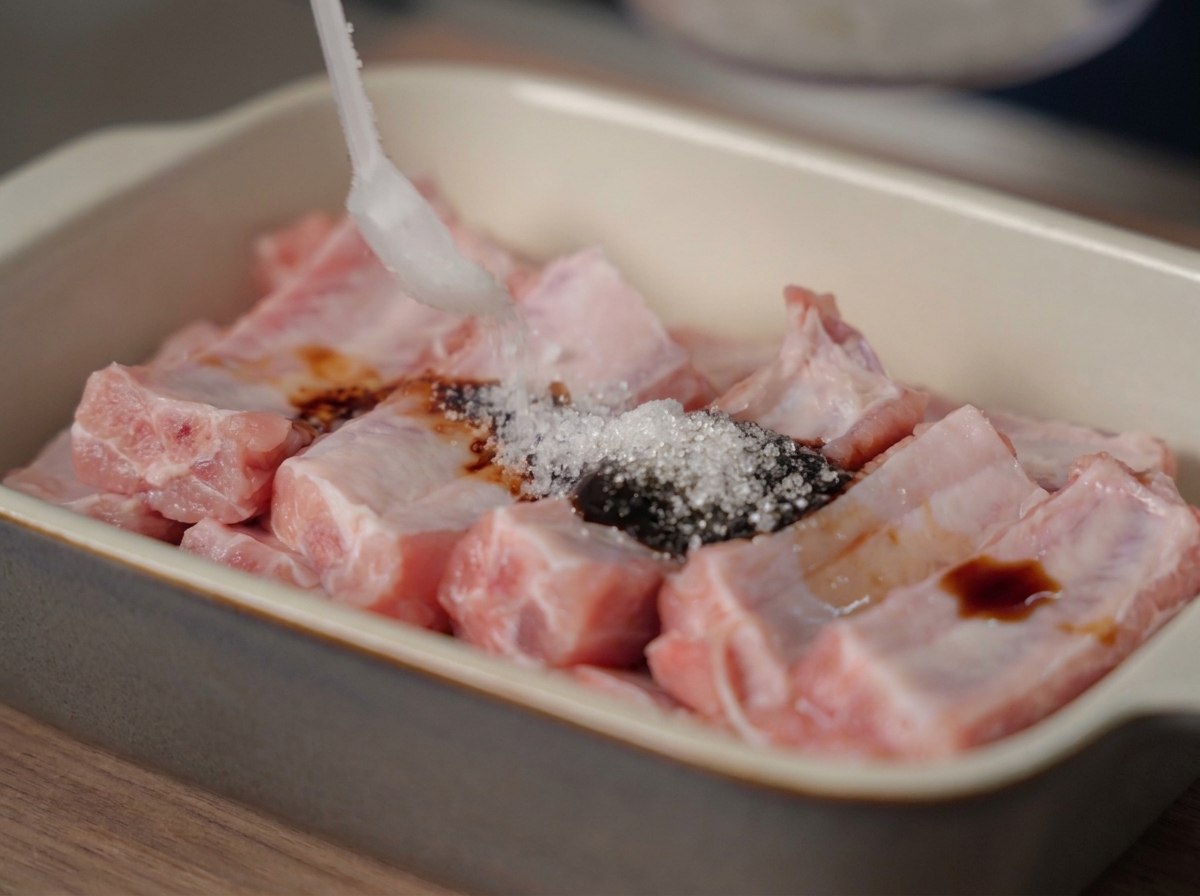 Rohe Rippchen in einer Auflaufform werden mit Saucen und Aromen gewürzt.