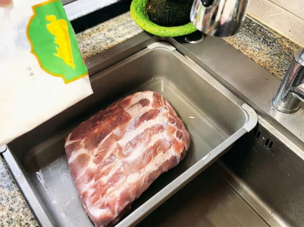 Weißes Mehl wird über rohe Schweinerippchen in einer Edelstahlspüle gestreut.