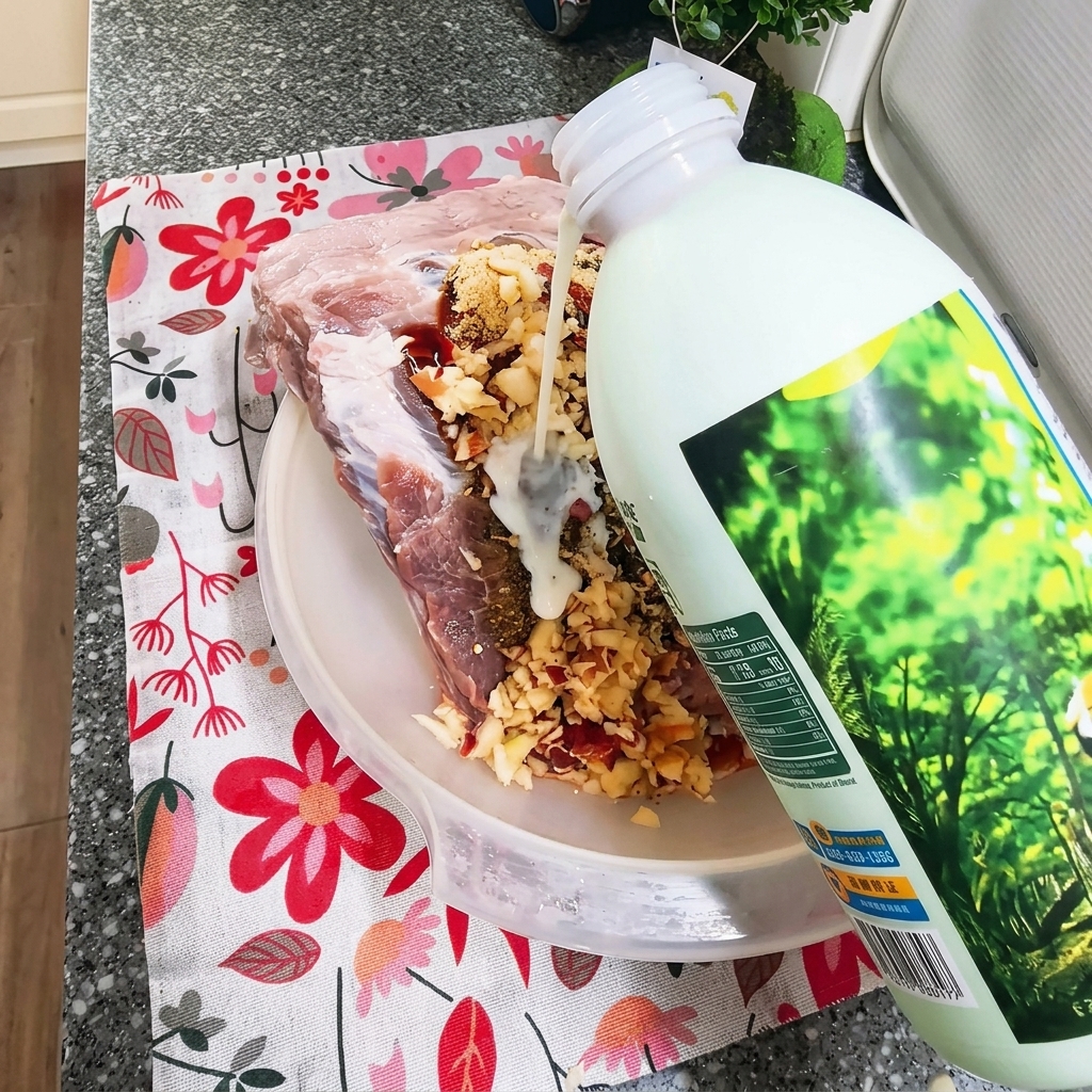 Ein kleiner Schuss Milch wird zu den Rippchen in der Schüssel gegeben.