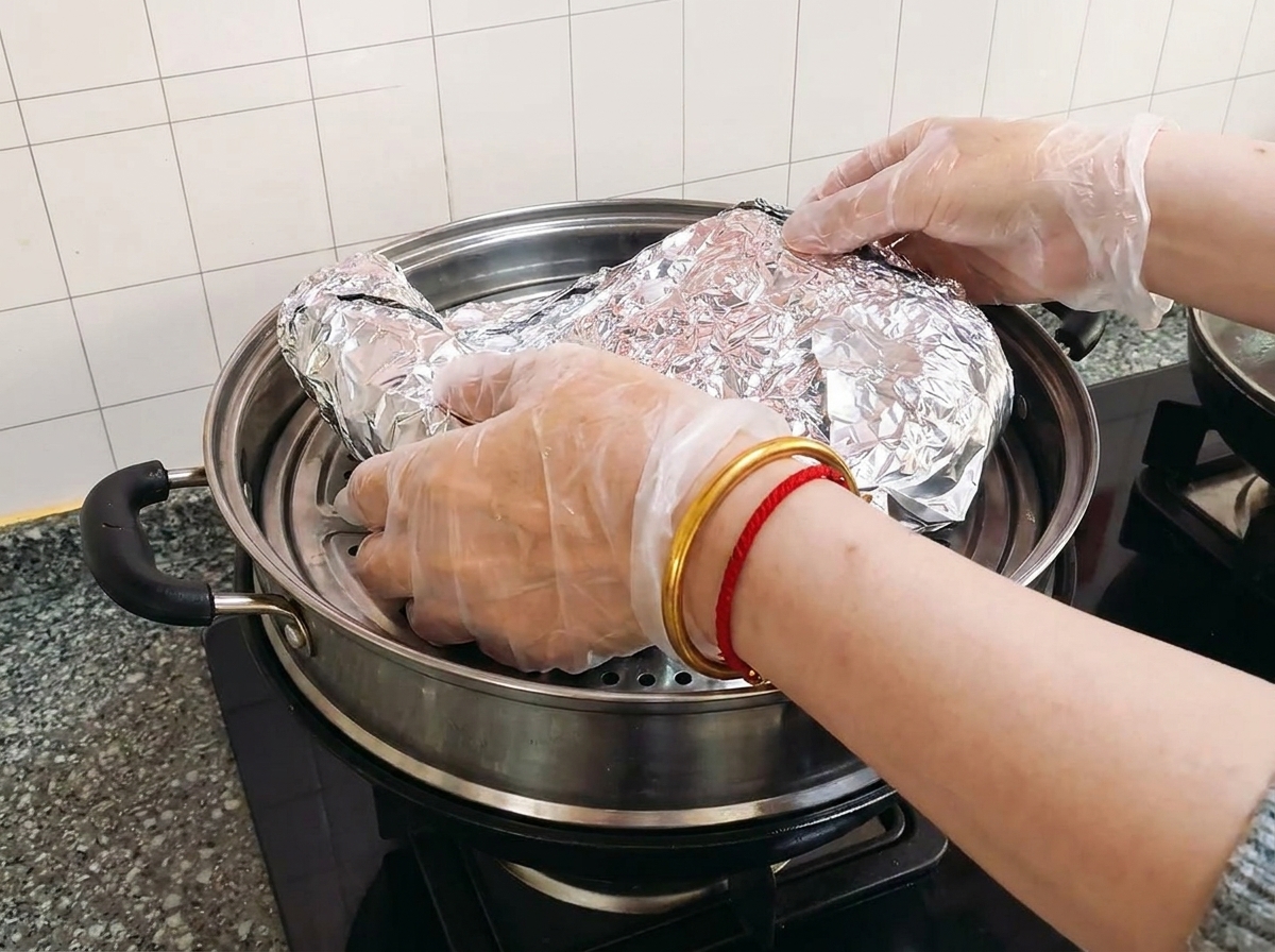 Das Päckchen liegt in einem Dämpfeinsatz über kochendem Wasser.