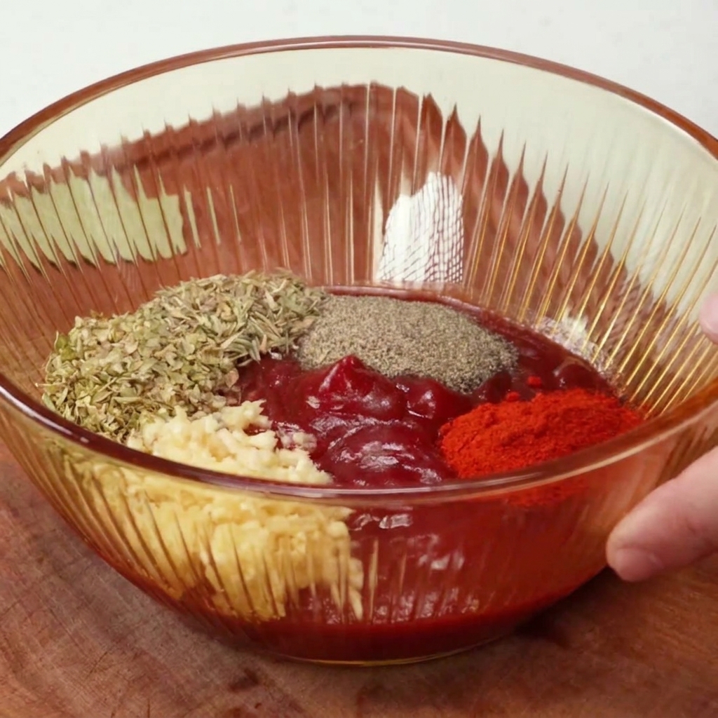 Eine Glasschüssel mit Ketchup, Knoblauch, Oregano, Pfeffer und Paprikapulver.