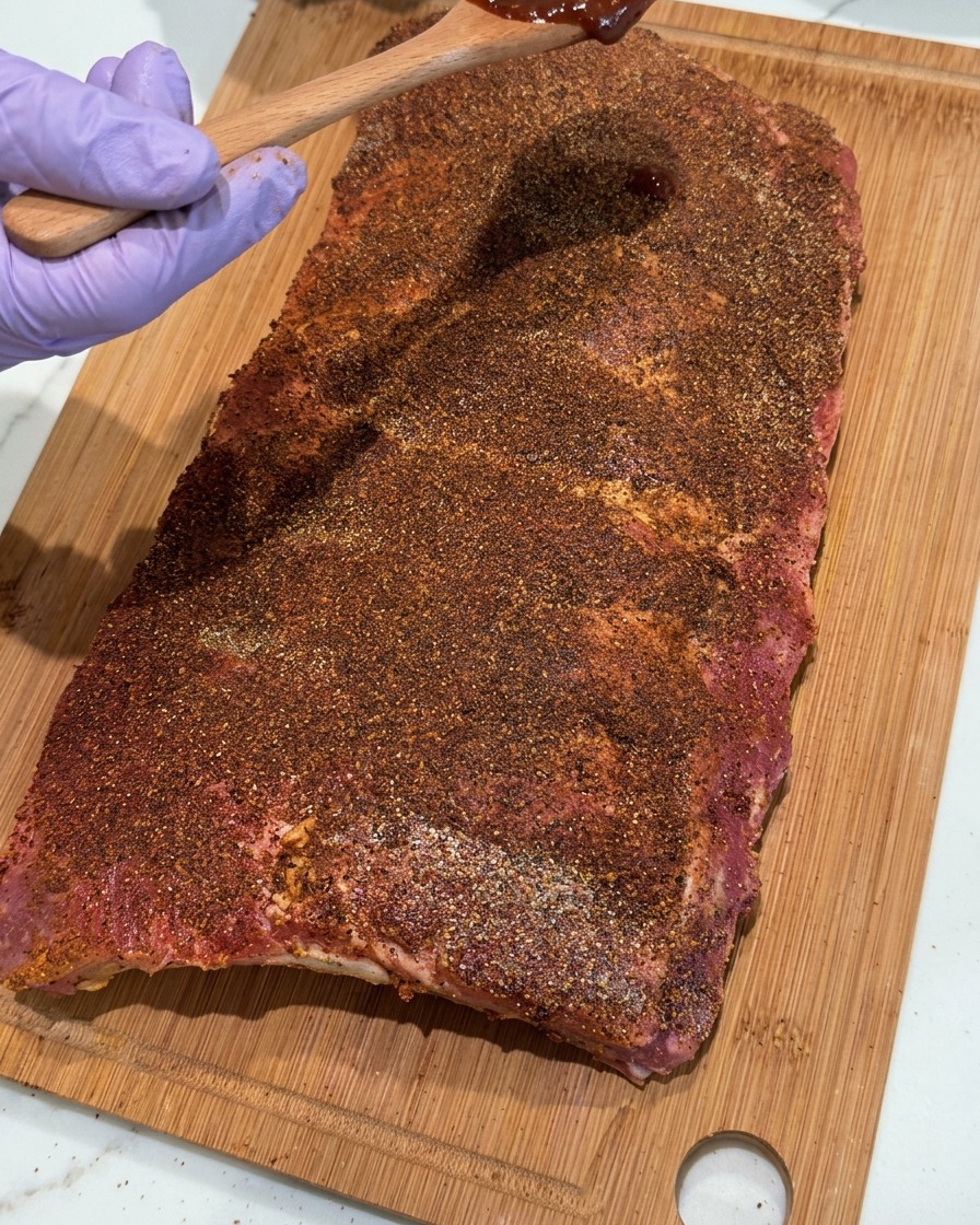 BBQ-Sauce wird mit einem Löffel auf den marinierten Rippchen verteilt.
