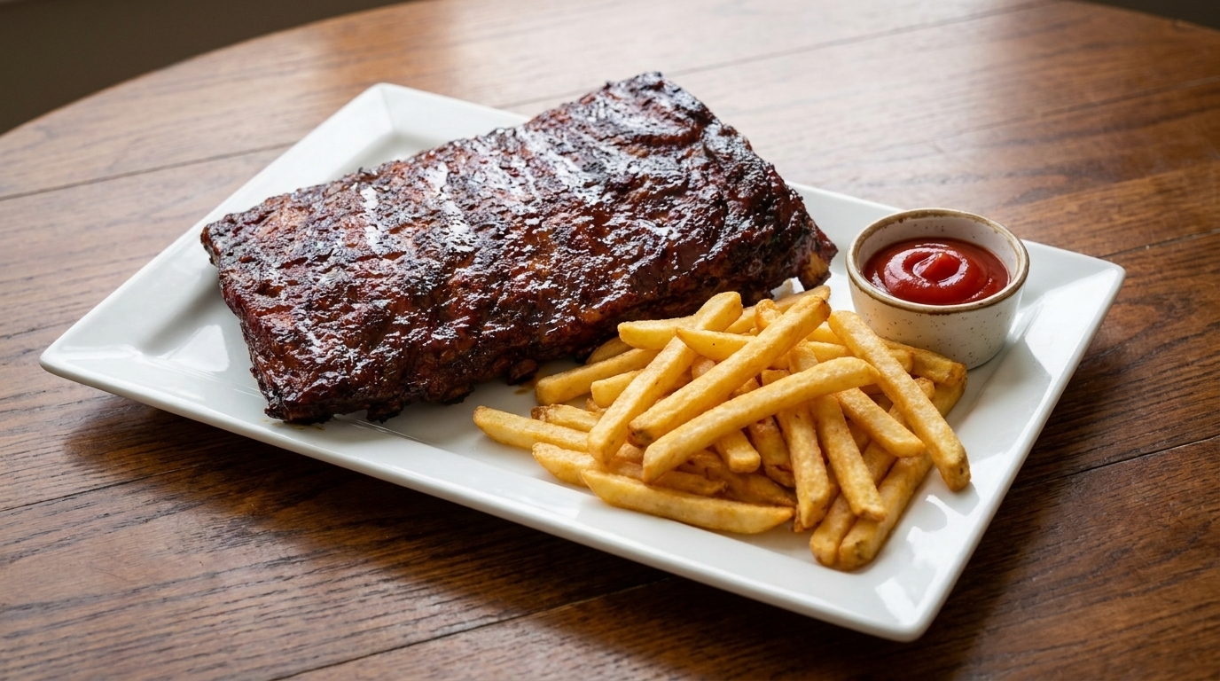 Ein perfekt karamellisierter Strang BBQ-Rippchen mit knusprigen Pommes frites und Dip.