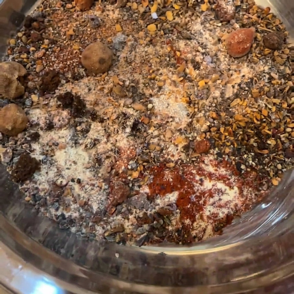 Eine Metallgabel in einer Edelstahlschüssel mischt verschiedene Gewürze und braunen Zucker.