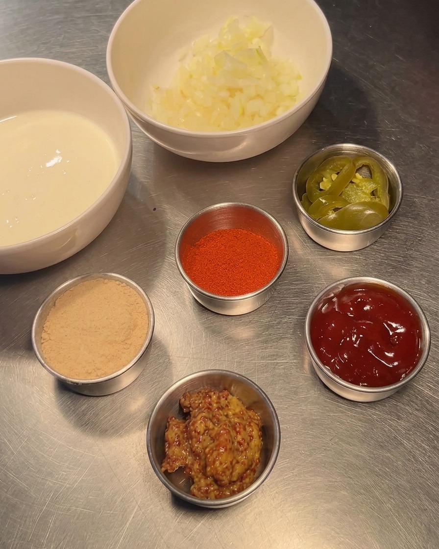 Ein Metallbehälter mit 200g Mayonnaise und etwas Sahne.