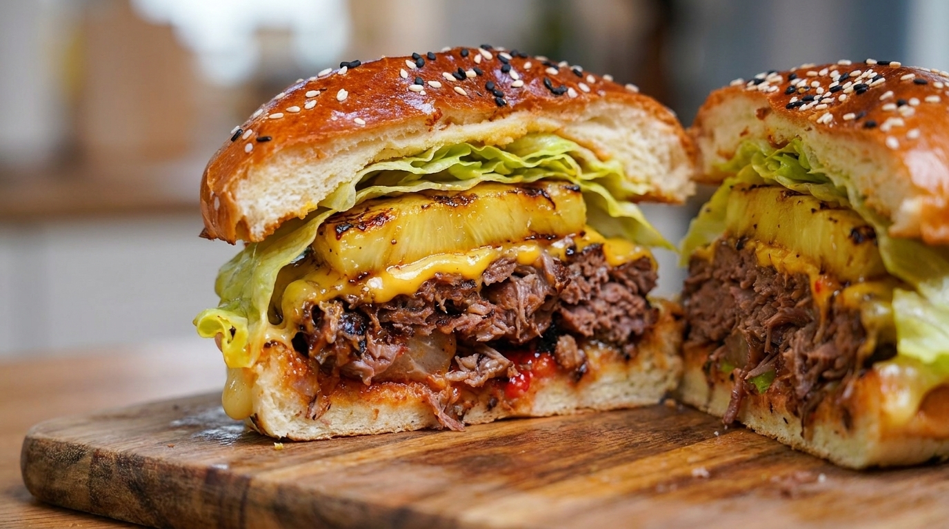 Geräucherter Angus-Rindfleisch-Burger mit gegrillter Ananas