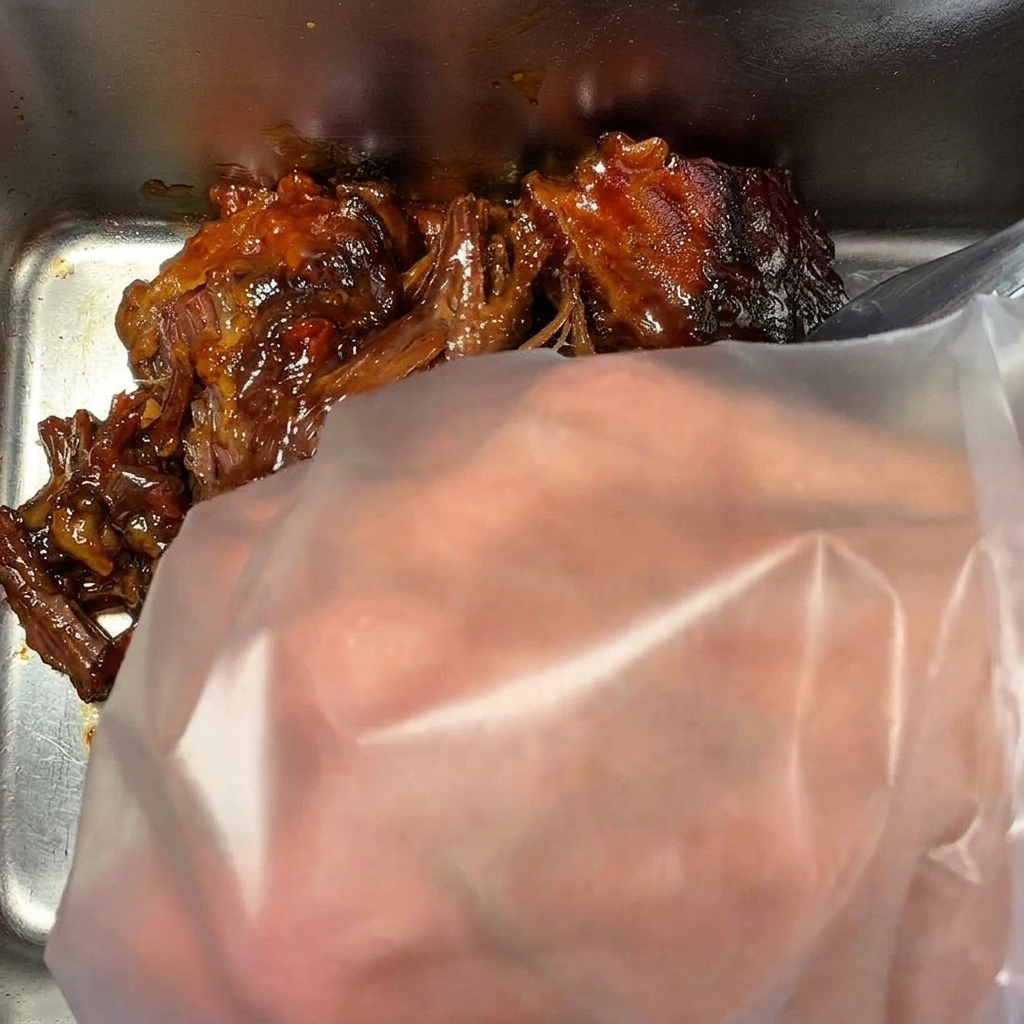 Nahaufnahme von behandschuhten Händen, die ein großes Stück gegartes Rindfleisch in Streifen zupfen.