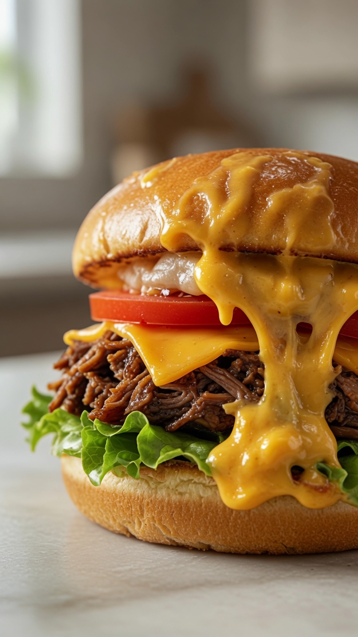 Cheese Lava Pulled Beef Burger