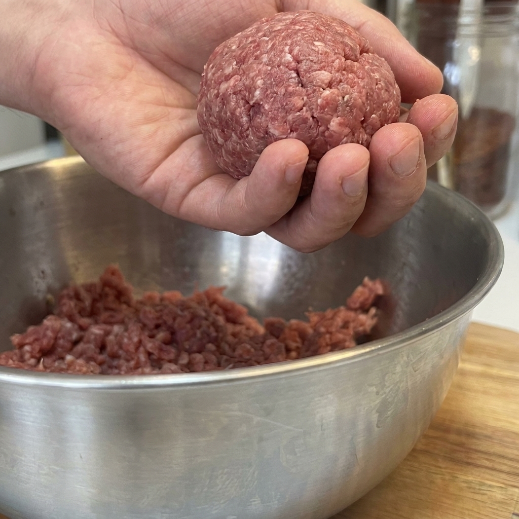 Ein roher 120g-Klumpen Rinderhackfleisch wird zwischen zwei Handflächen zu einem Patty geformt.