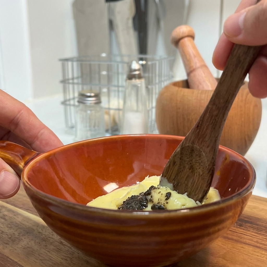 Mayonnaise, Senf und schwarze Trüffelsauce werden in einer kleinen braunen Schüssel vermengt.