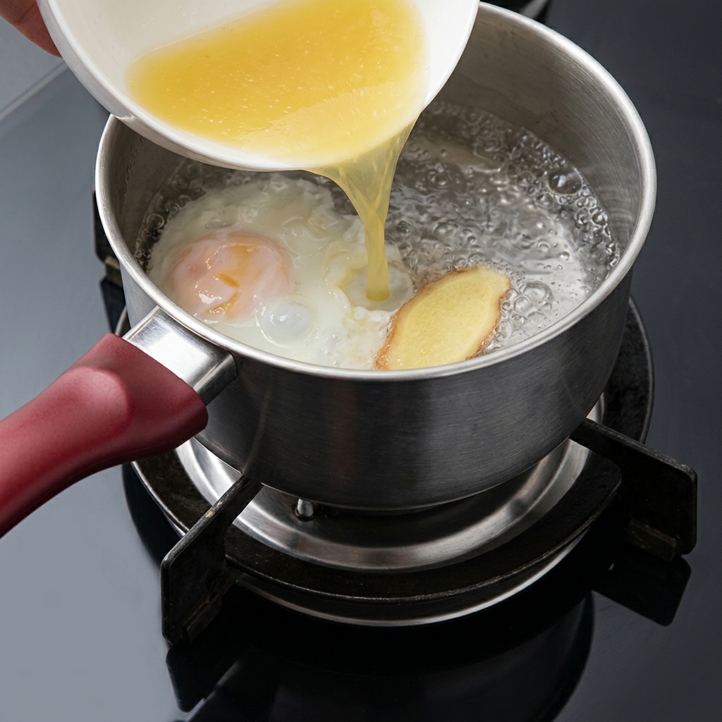 Übrige Hühnersuppe wird aus einer Schüssel in den kochenden Topf gegossen.