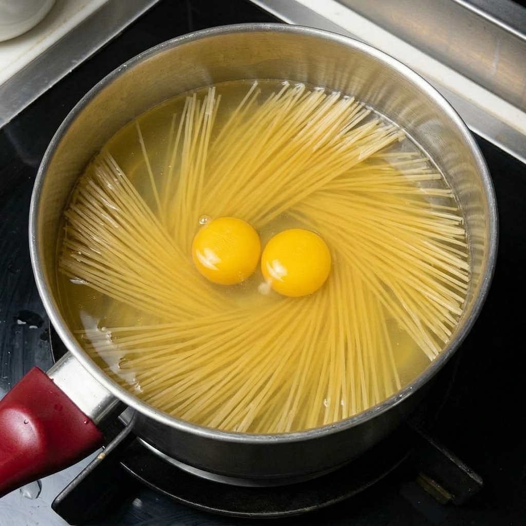 Trockene Nudeln und Schinken werden in der kochenden Suppe gegart.