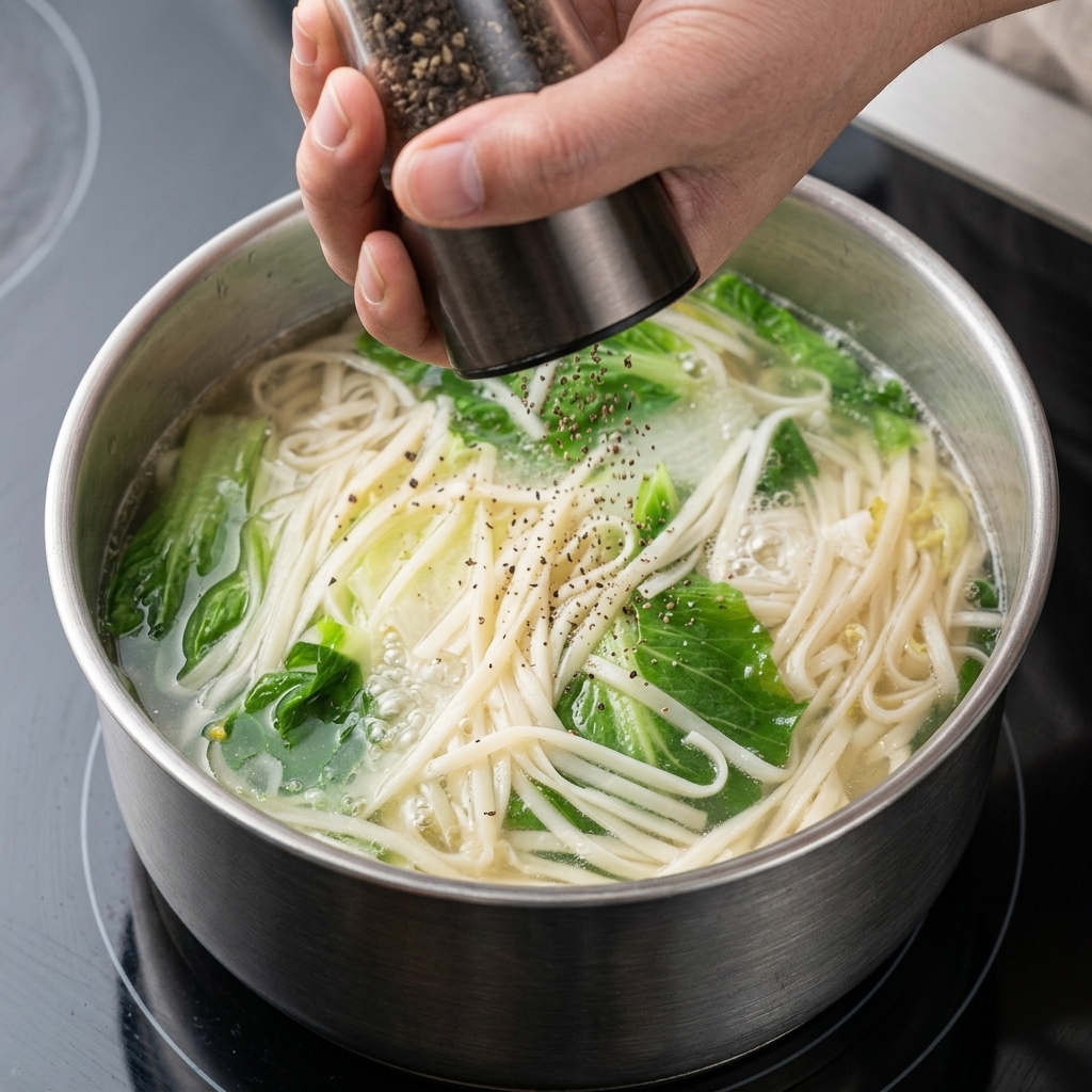 Schwarzer Pfeffer wird frisch über die dampfende Suppe gemahlen.