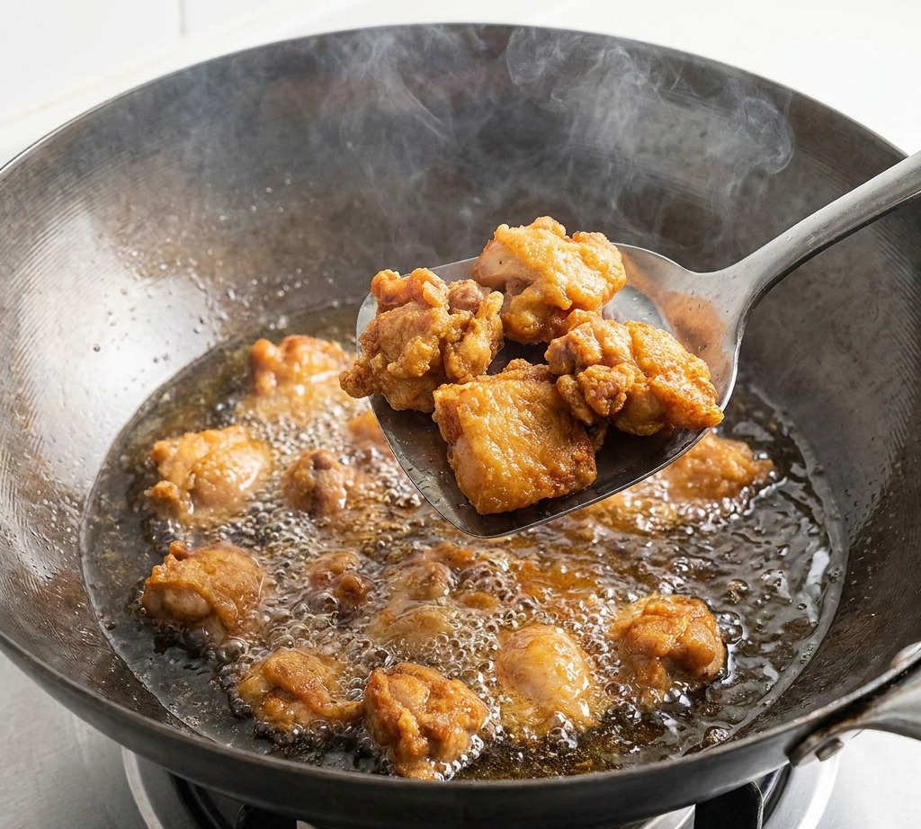 Hähnchenstücke braten in einem heißen Wok, Ölblasen sind rund um das Fleisch zu sehen.