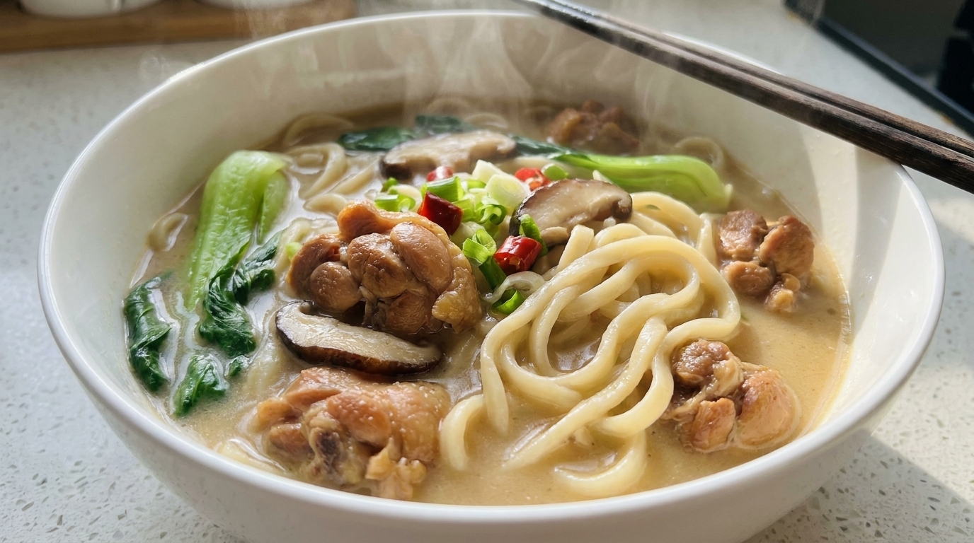 Herzhafte Hähnchenkeulen-Nudelsuppe