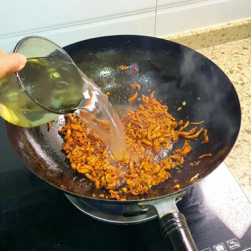 Wasser wird in den Wok zur Hähnchenmischung gegossen.