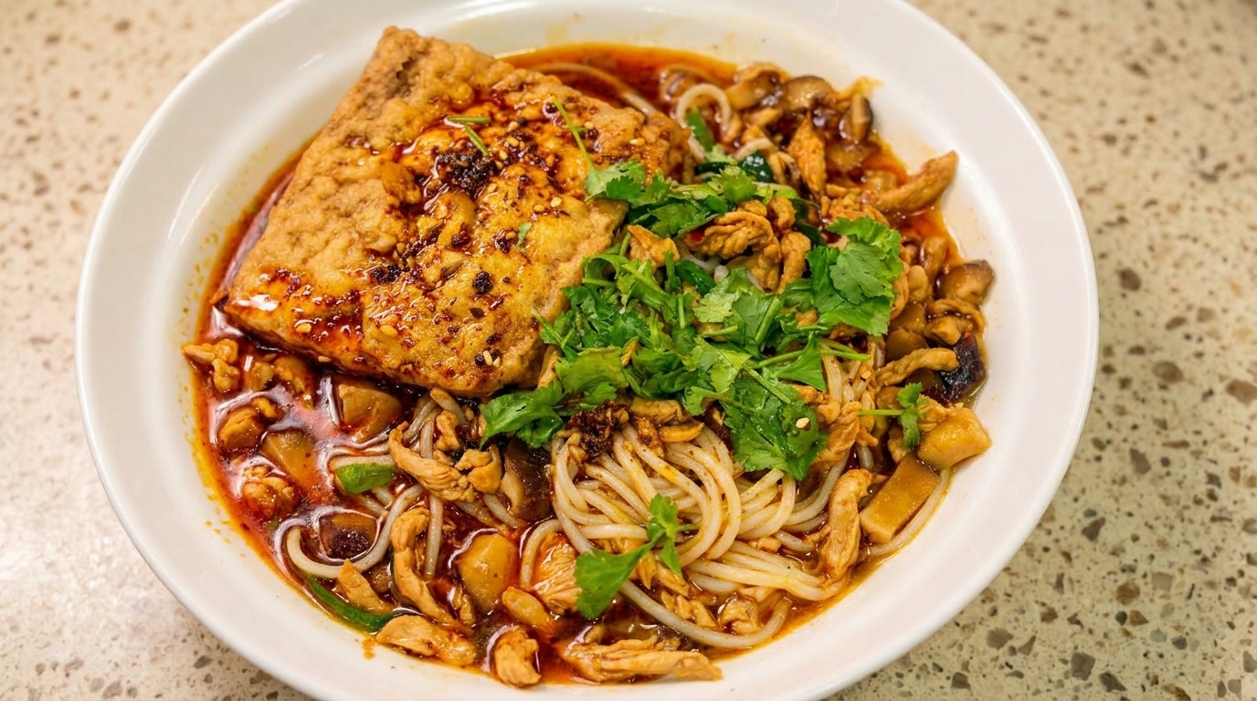 Scharfe Nudeln mit Hähnchen und geschmortem Tofu