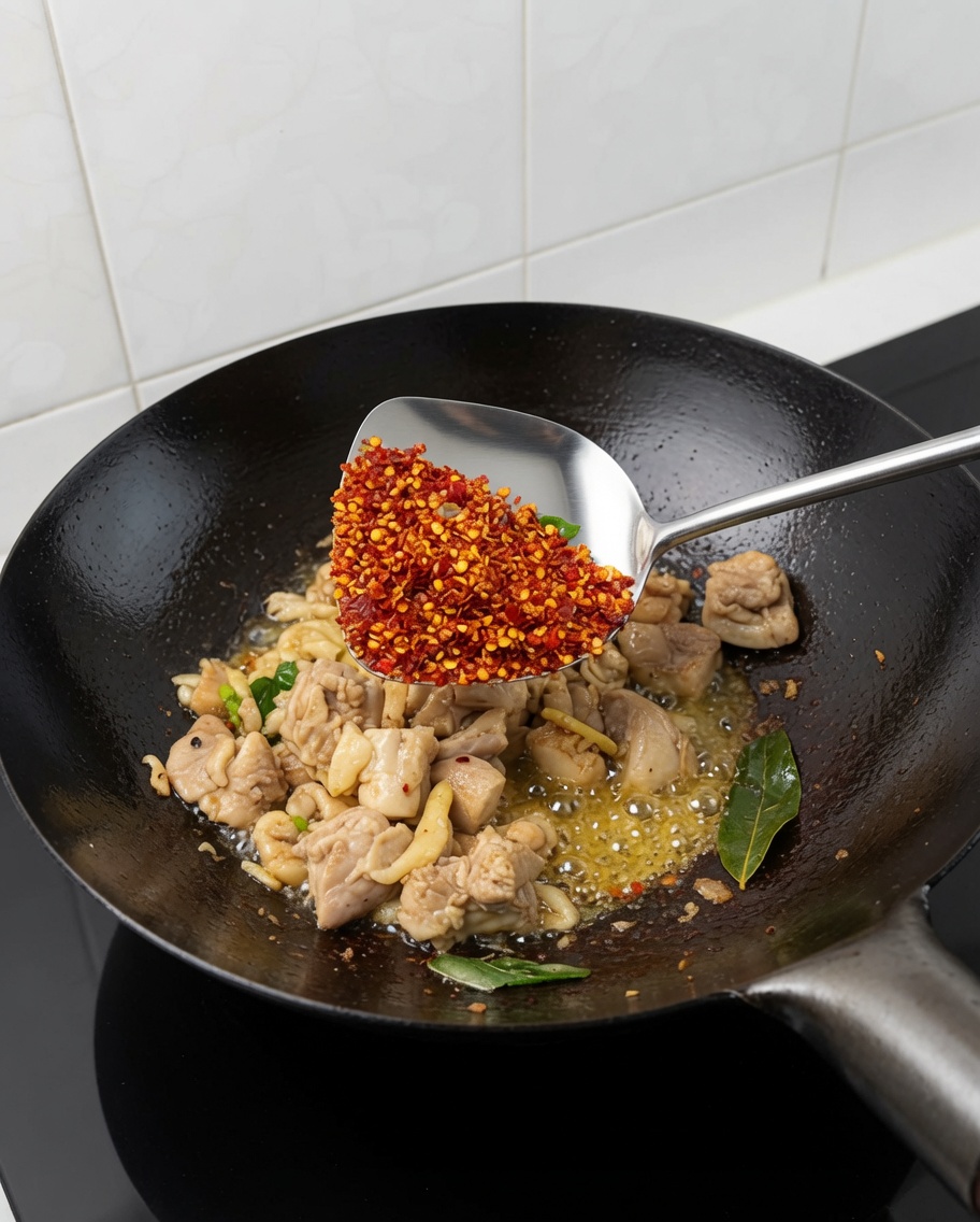 Ein Metallspatel hält zerstoßene Chilischoten über einen Wok mit Hähnchen.