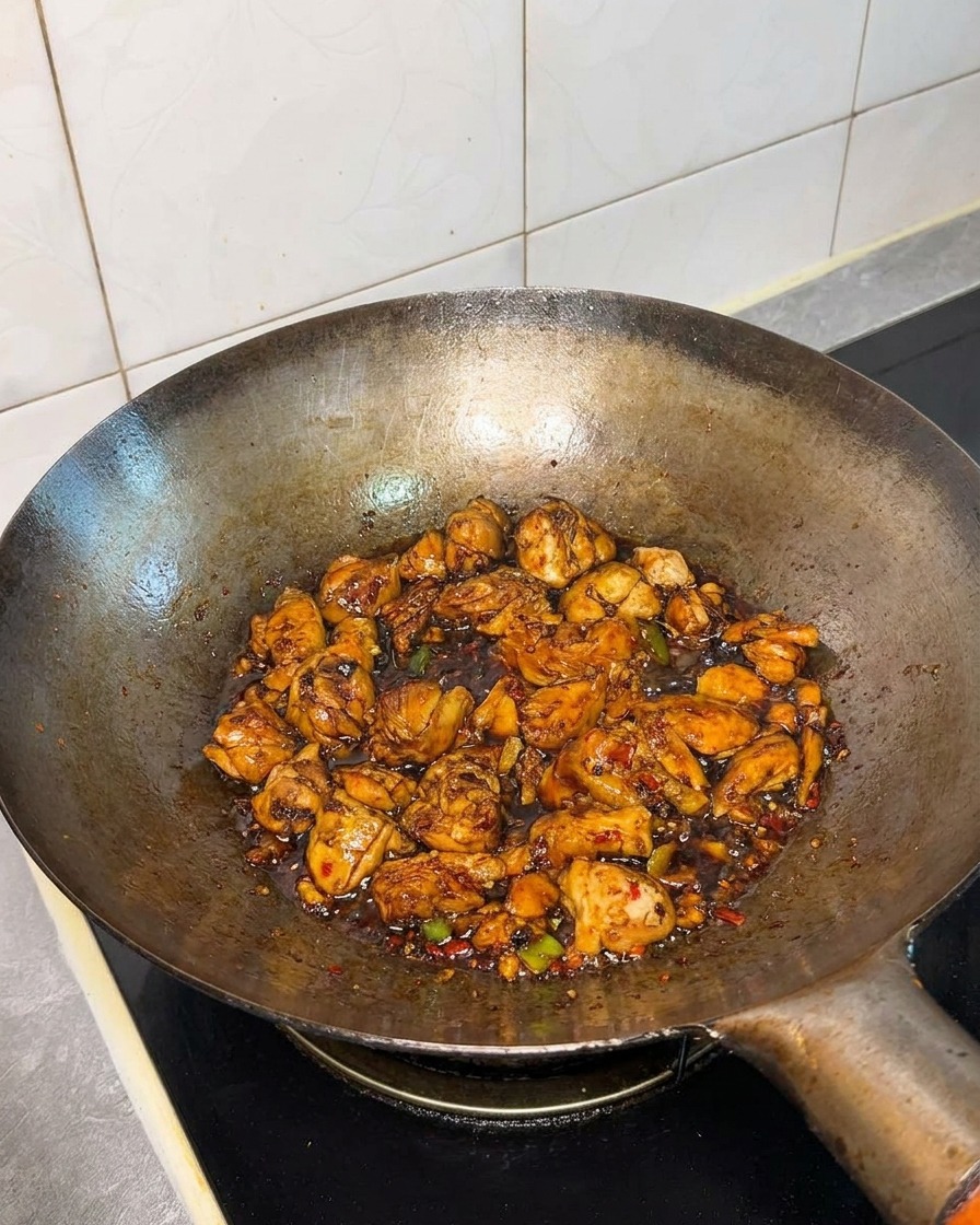 Die Hähnchen-Gewürz-Mischung im Wok nach der Zugabe von weiteren Gewürzen.