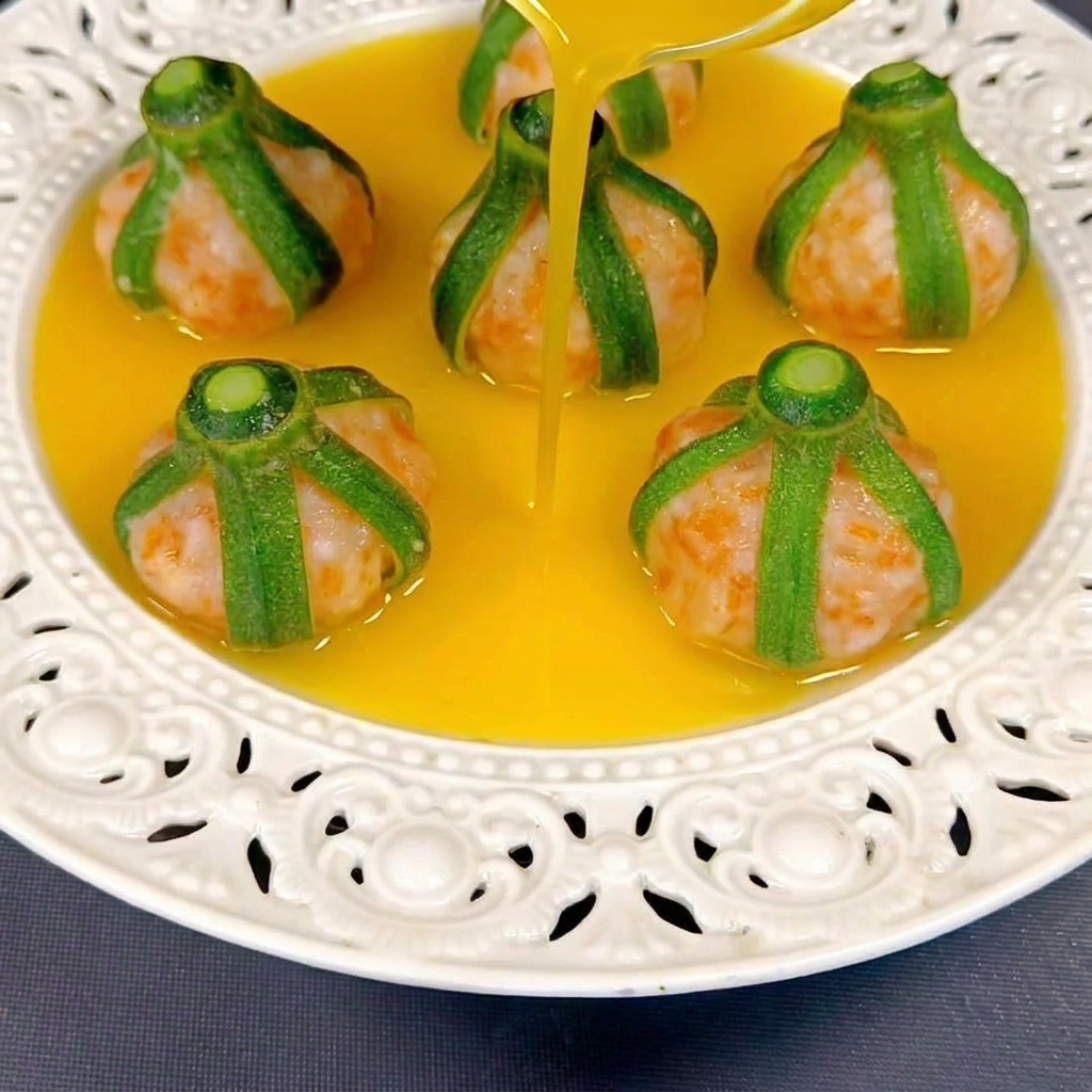 Eine glatte, eingedickte goldene Sauce wird aus einem kleinen Glaskännchen über gedämpfte, in grüne Okrastreifen gewickelte Garnelenbällchen auf einem verzierten weißen Teller gegossen.