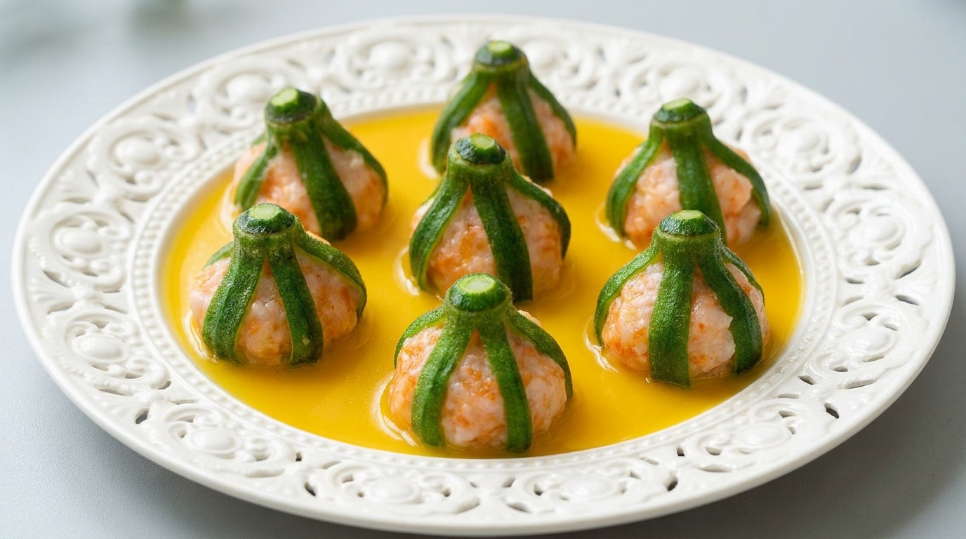 Sechs gedämpfte Okra-Garnelen-Häppchen, kreisförmig auf einem weißen, dekorativen Teller angerichtet, in einem Spiegel aus leuchtend gelber Sauce.