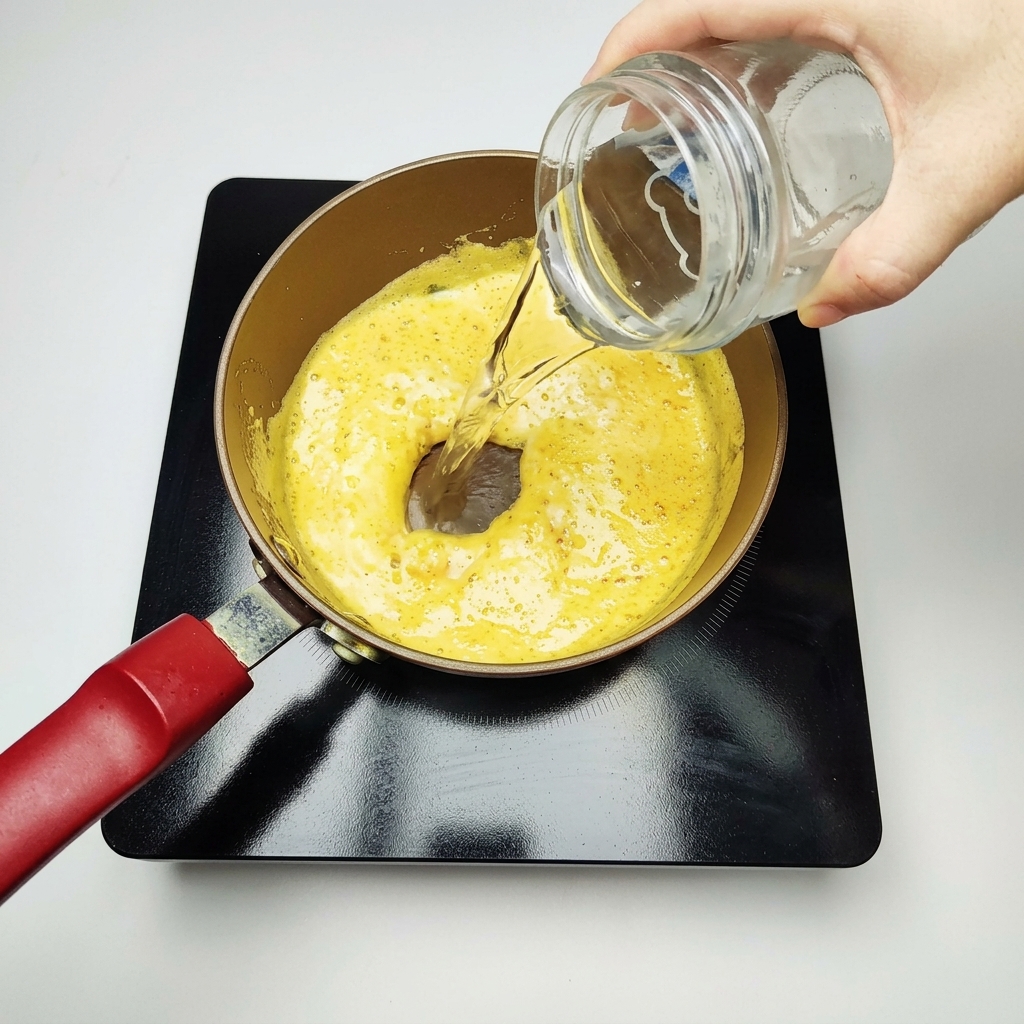 Eine Hand gießt Wasser aus einem klaren Glasgefäß in einen Topf mit sprudelnder, goldgelber Eigelbmischung.