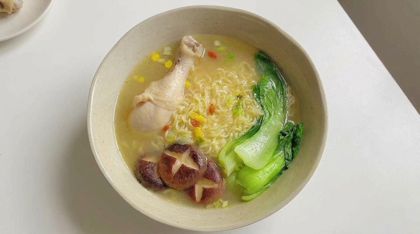 Eine Gourmet-Schüssel mit Hähnchen-Ramen, frischem Pak Choi, eingeschnittenen Shiitake-Pilzen und Mais in einer goldenen Brühe.
