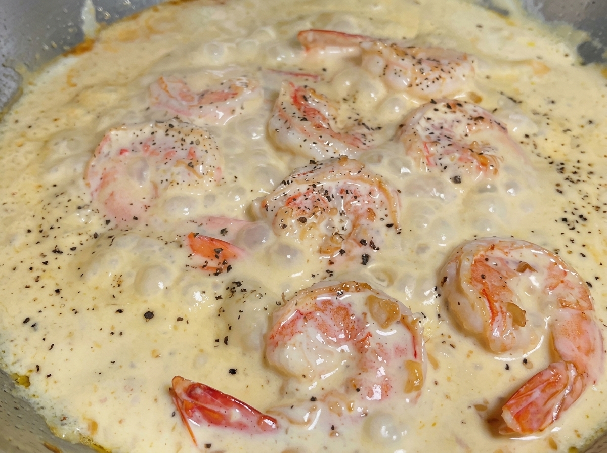 Gekochte Pasta wird in eine Pfanne mit cremiger Garnelensauce und Gewürzen gegeben.