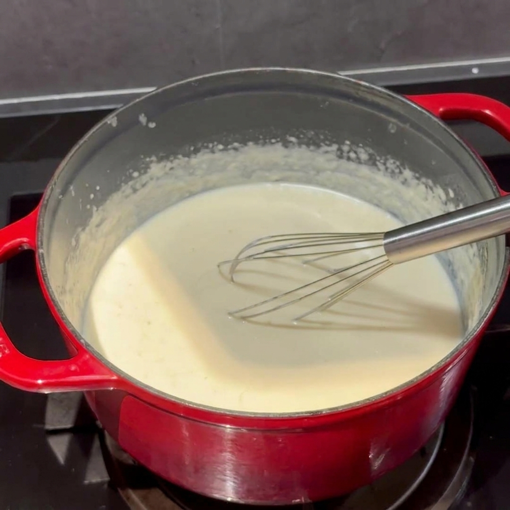 Cheddar- und Parmesanstücke werden in die cremige weiße Sauce eingerührt.
