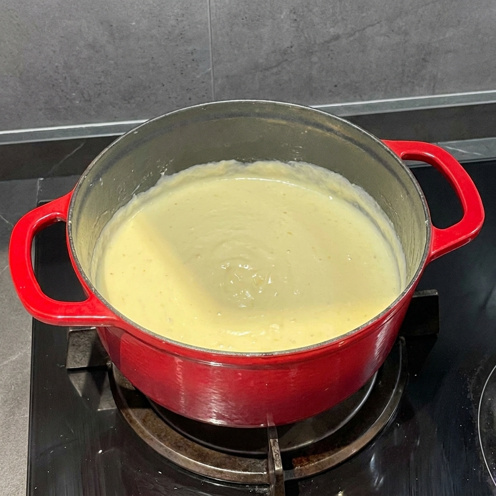 Eine glatte, cremige Käsesauce in einem roten Topf, gewürzt mit frisch gemahlenem Pfeffer.