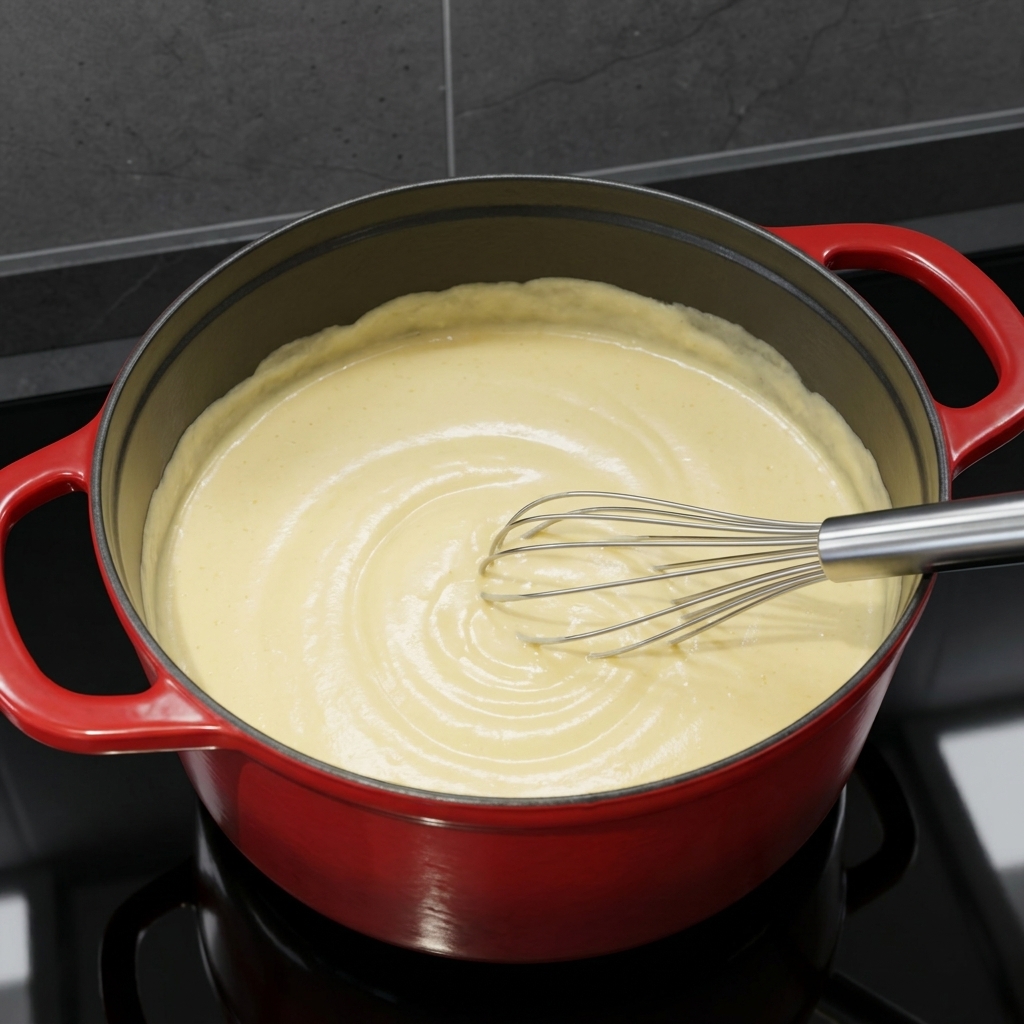 Gekochte Makkaroni werden in einem roten Topf unter die cremige Käsesauce gehoben.