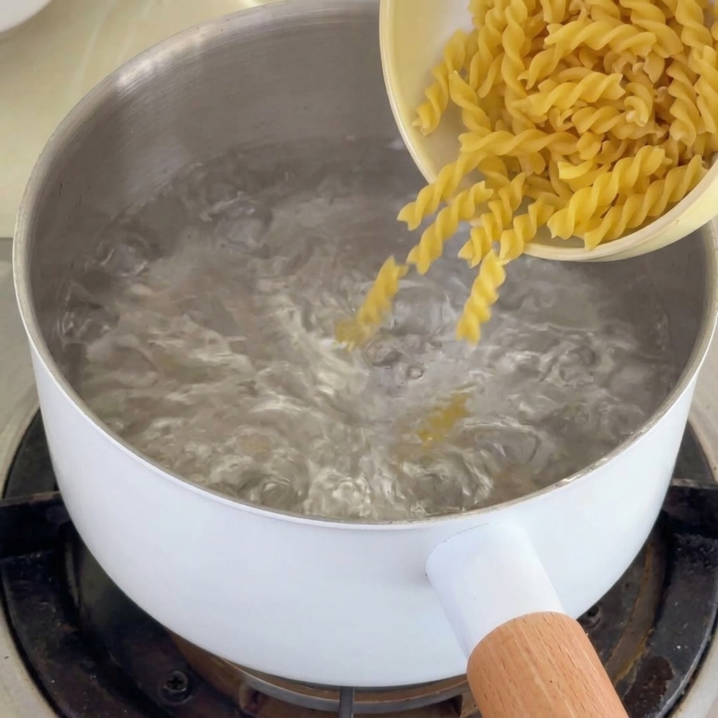 Trockene Fusilli-Pasta wird in einen Topf mit kochendem Wasser gegeben.
