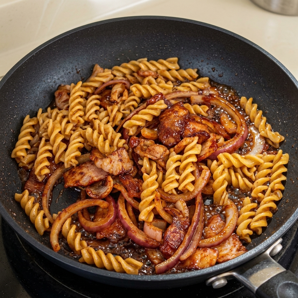 Gekochte Fusilli werden in die Pfanne zu Speck und Zwiebeln gegeben.