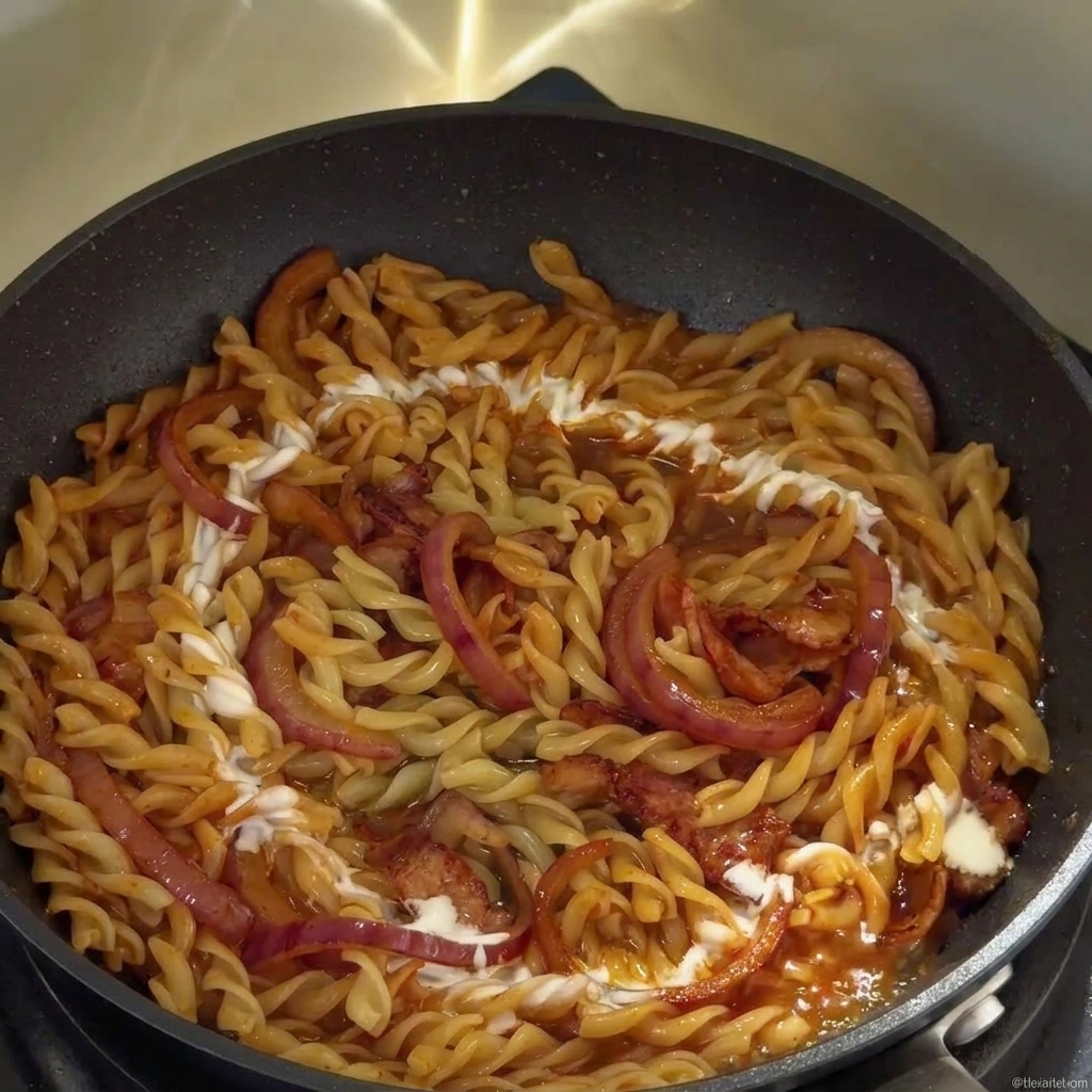 Sahne wird in kreisenden Bewegungen über die Fusilli in der Pfanne geträufelt.
