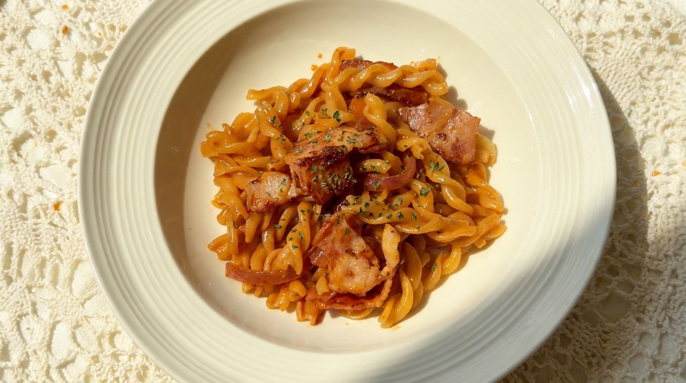 Eine weiße Schüssel mit glänzend rot-orangen, würzig-cremigen Speck-Fusilli, garniert mit getrockneter Petersilie.