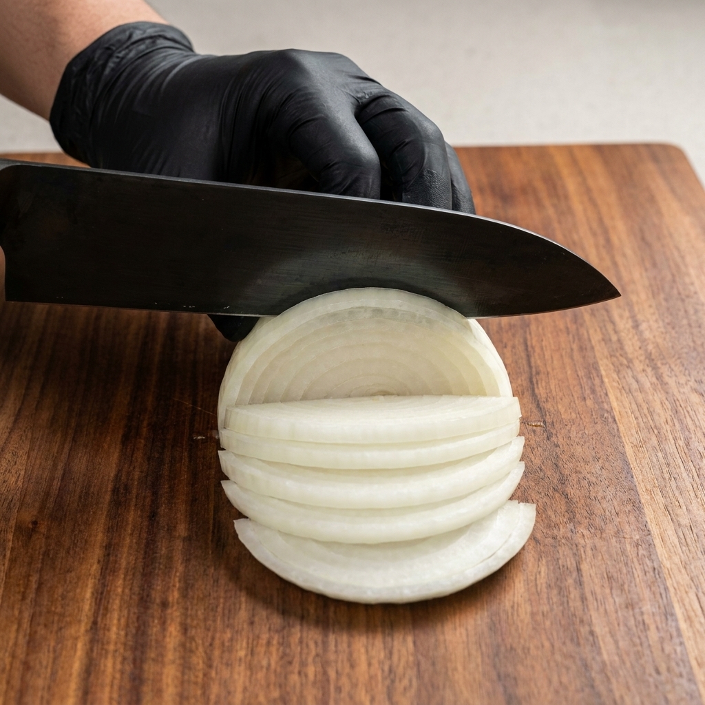 Eine Person mit schwarzen Handschuhen schneidet eine weiße Zwiebel mit einem schwarzen Messer auf einem Holzschneidebrett.