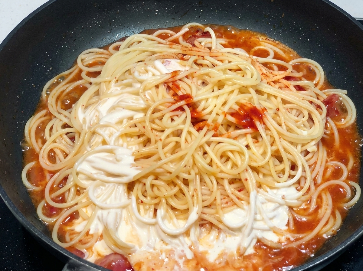 Spaghetti in einer Pfanne werden mit einer Mischung aus roter scharfer Sauce und weißer Sahne übergossen.