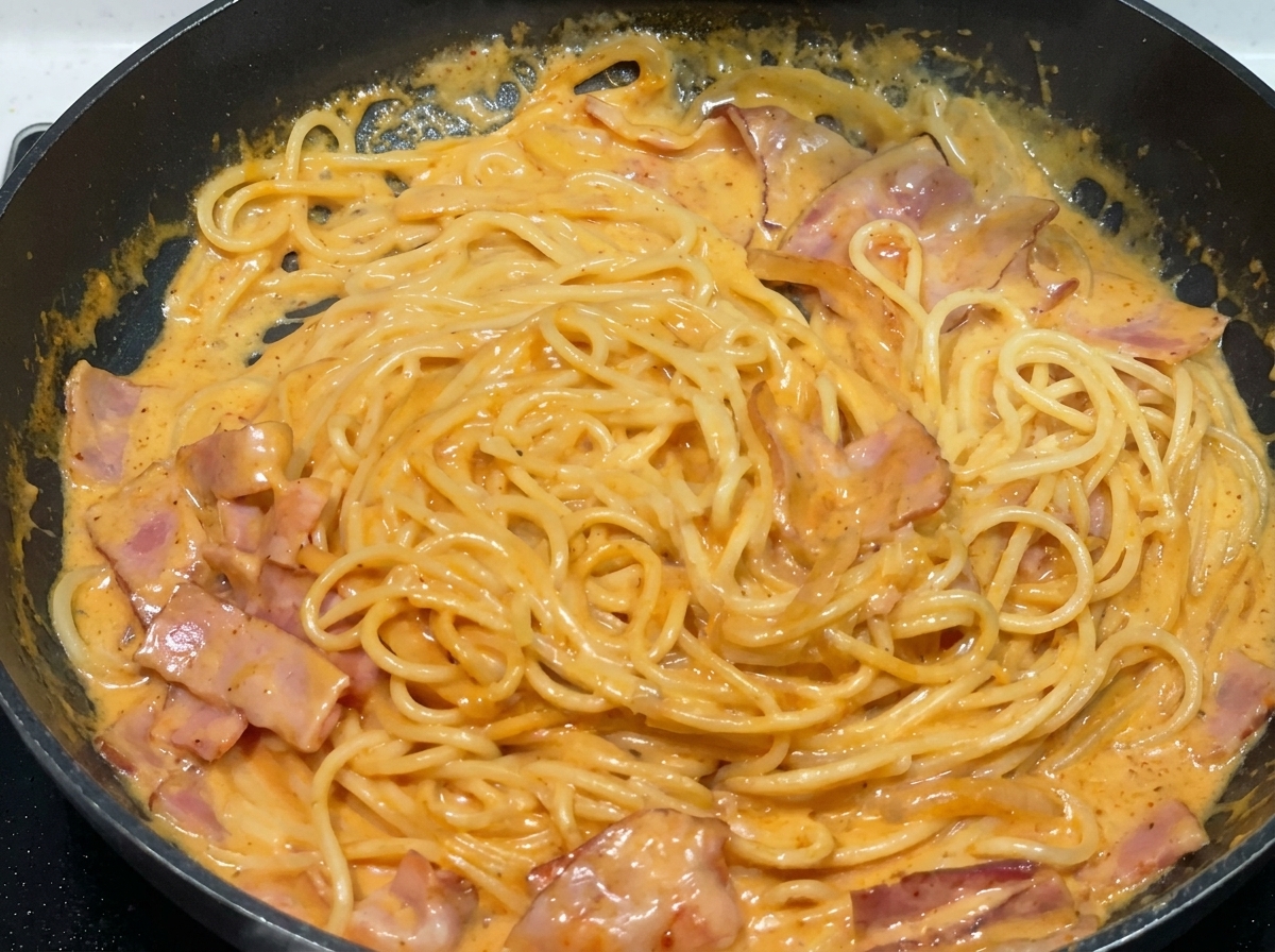 Spaghetti werden mit Essstäbchen in einer Pfanne geschwenkt, bis sie vollständig von einer cremigen orangefarbenen Sauce umhüllt sind.