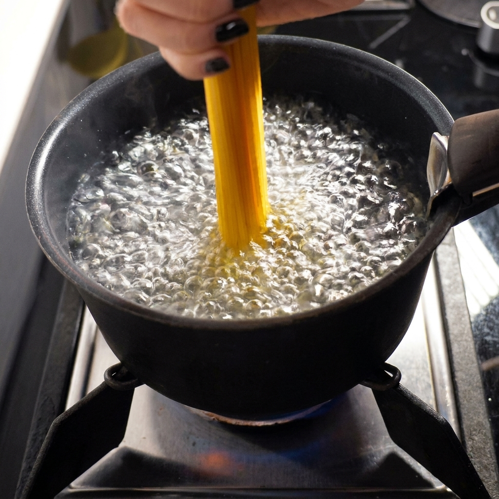 Eine Hand gibt trockene Spaghetti in einen Topf mit sprudelnd kochendem Wasser.