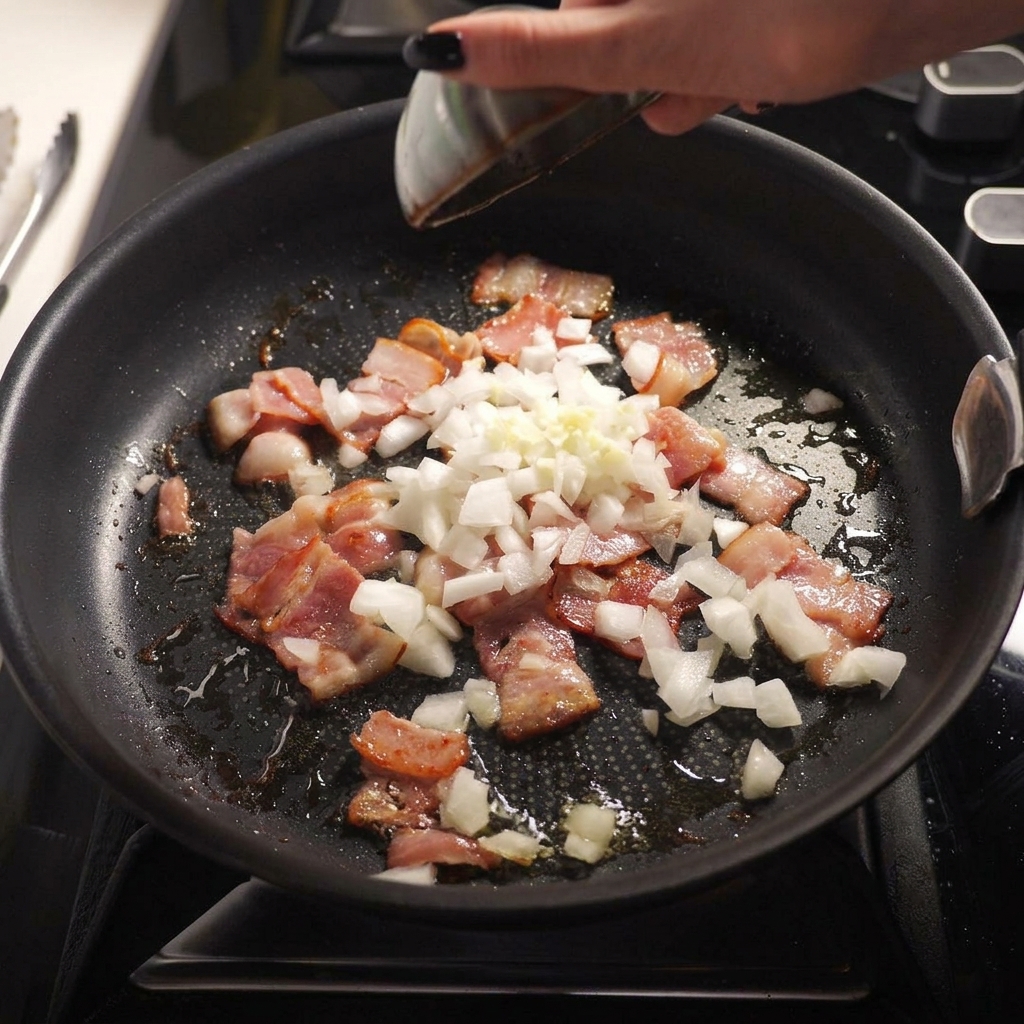 Gewürfelte Zwiebeln und gehackter Knoblauch werden aus einer kleinen Schüssel in die Pfanne zum Speck gegeben.